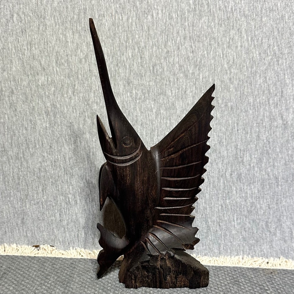 Vintage Hand Carved Ironwood Sailfish Marlin Sculpture Nautical Wood Figurine 9"